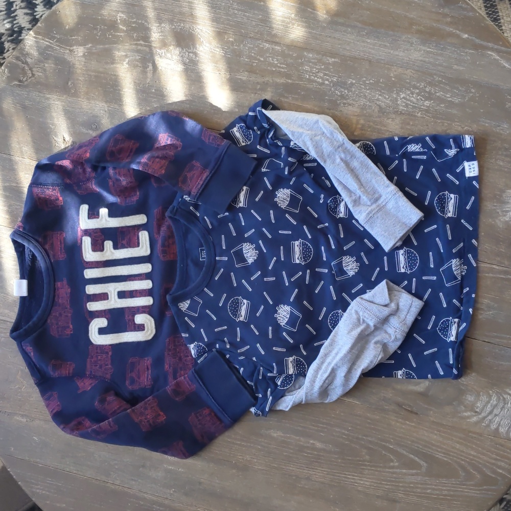 Two (2) Size 5 Gap long sleeve tees burgers and fries and chief firetruck print
